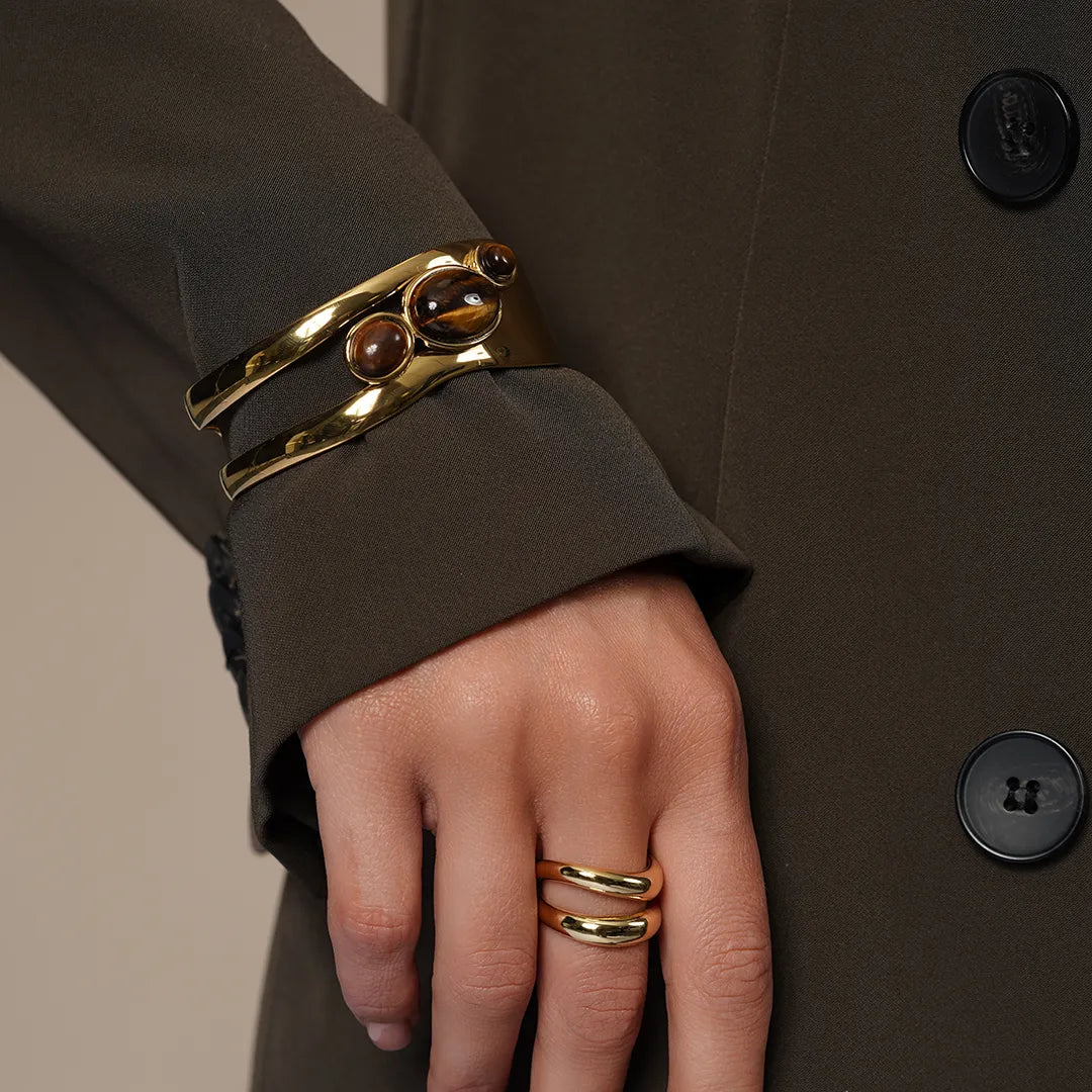 Gold Double Row Minimalist Ring worn on a model's hand, alternate pose