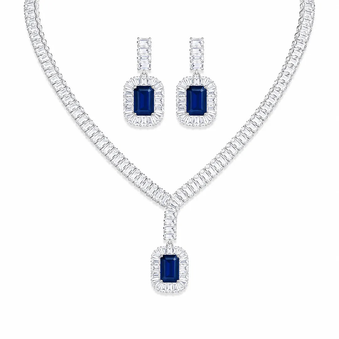 Zard Jewelry Blue CZ Statement Tennis Necklace and Earrings Set