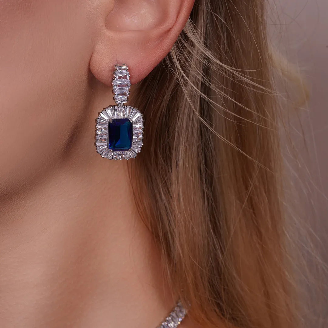 Model wearing Blue CZ Statement Tennis Necklace and Earrings Set, styled look