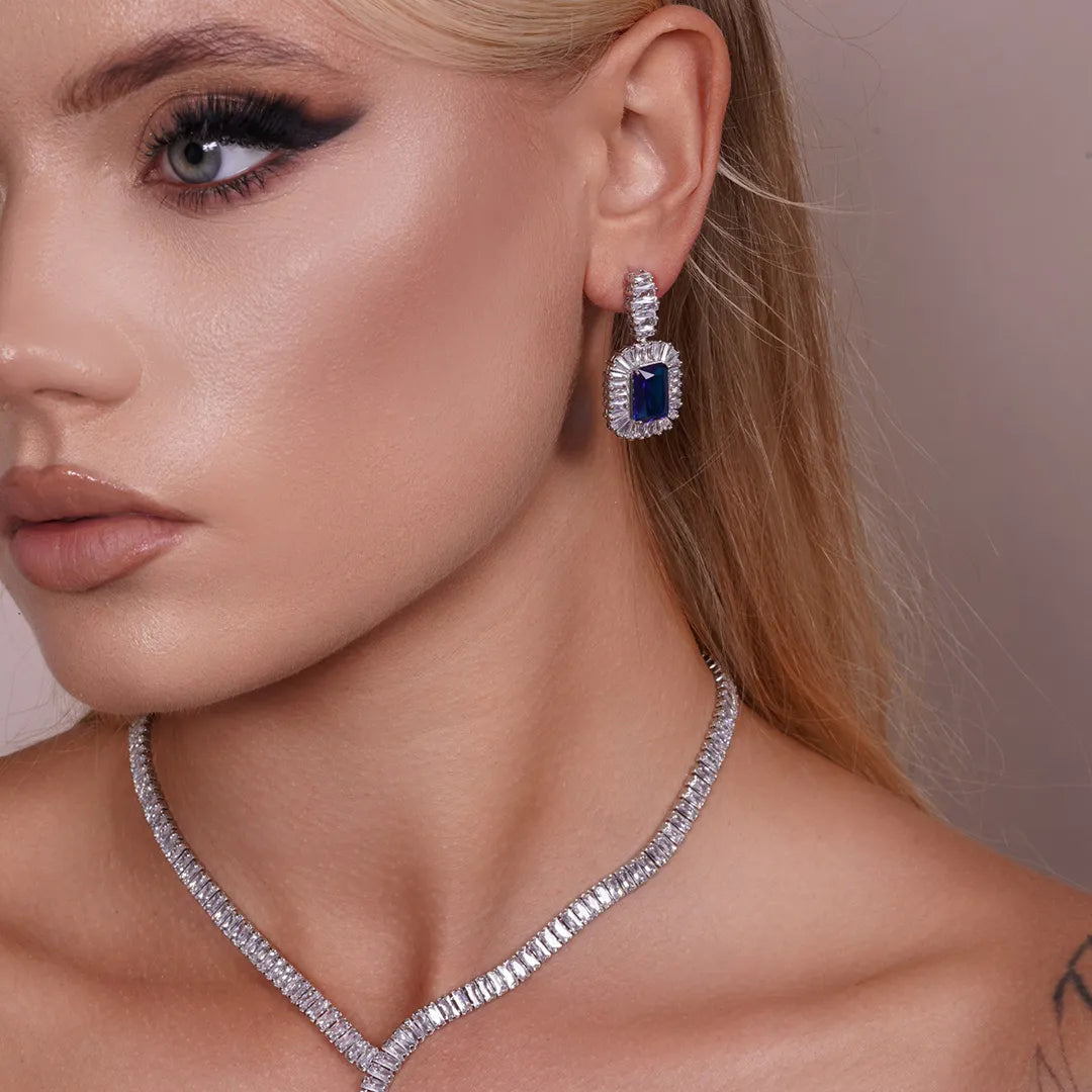 Model wearing Blue CZ Statement Tennis Necklace and Earrings Set, second styled look