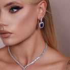 Model wearing Blue CZ Statement Tennis Necklace and Earrings Set, second styled look