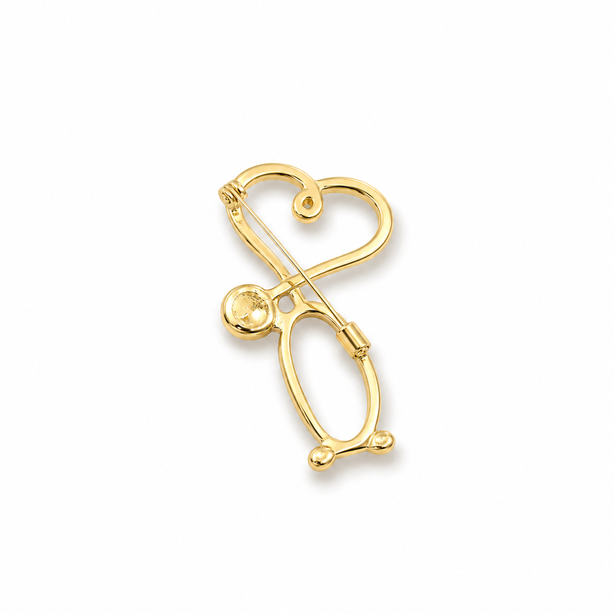 Back of the stethoscope heart brooch showing gold plate and pin post closure