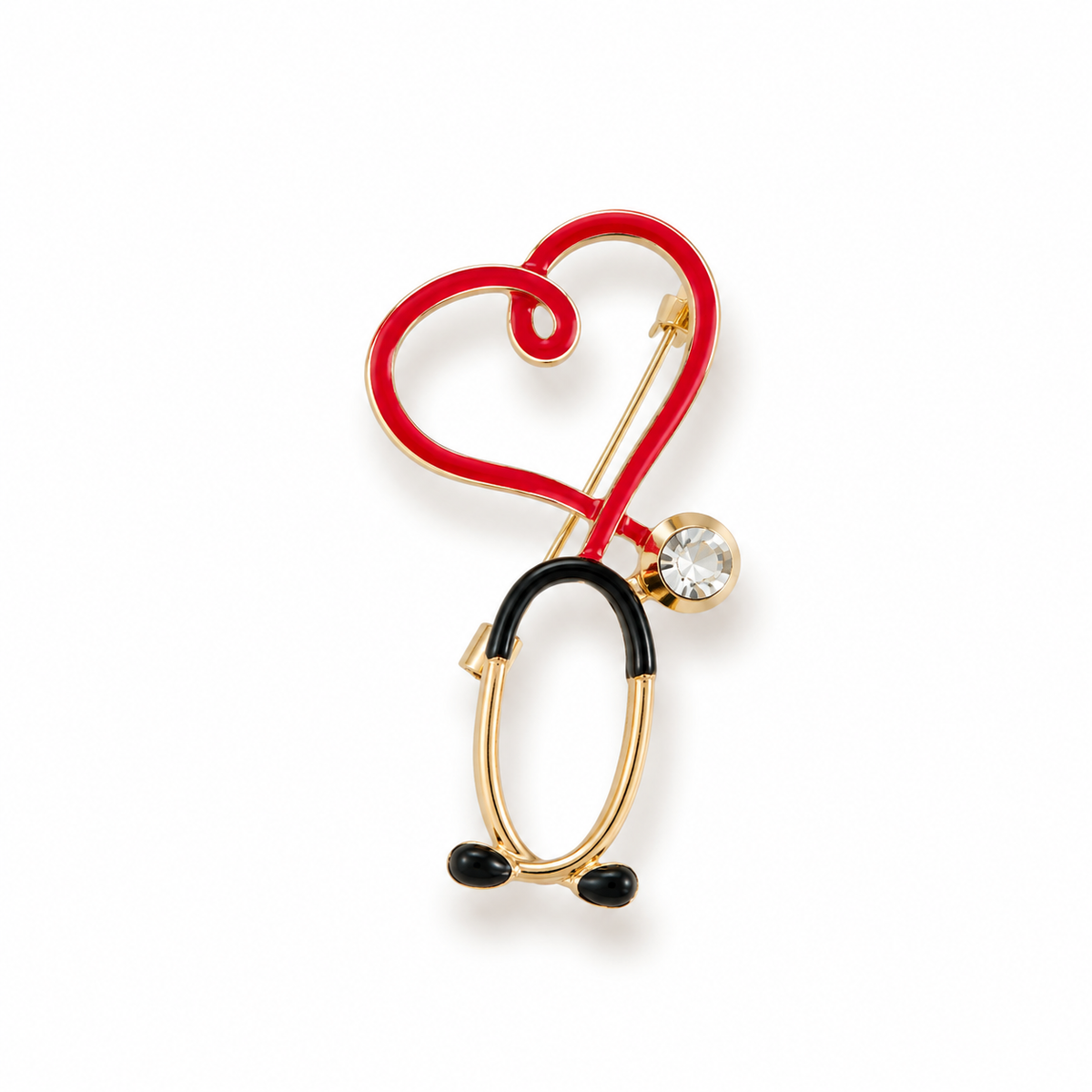 ZARD Jewelry stethoscope heart brooch in red and black enamel on gold plate with a rhinestone, front view