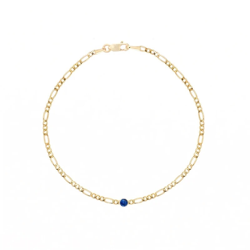 14k Gold Filled Figaro Chain Bracelet with Blue CZ Accent