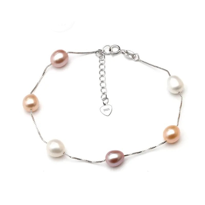 Cultured Freshwater Pearl Station Bracelet in 925 Sterling Silver