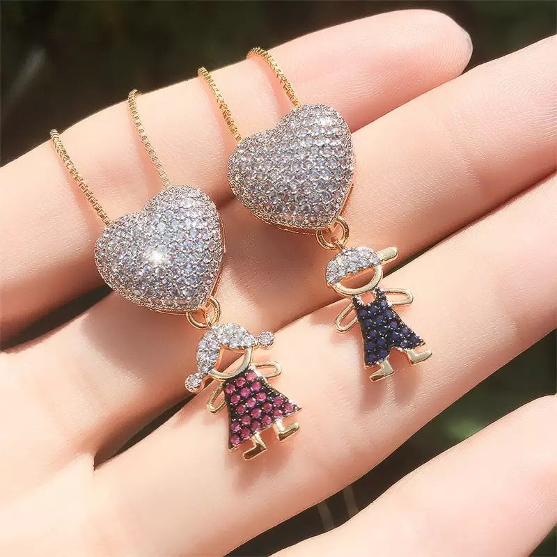 Necklace for Mom Boy Girl Kids Holding Hands Heart Charm in 14k and CZ Pave