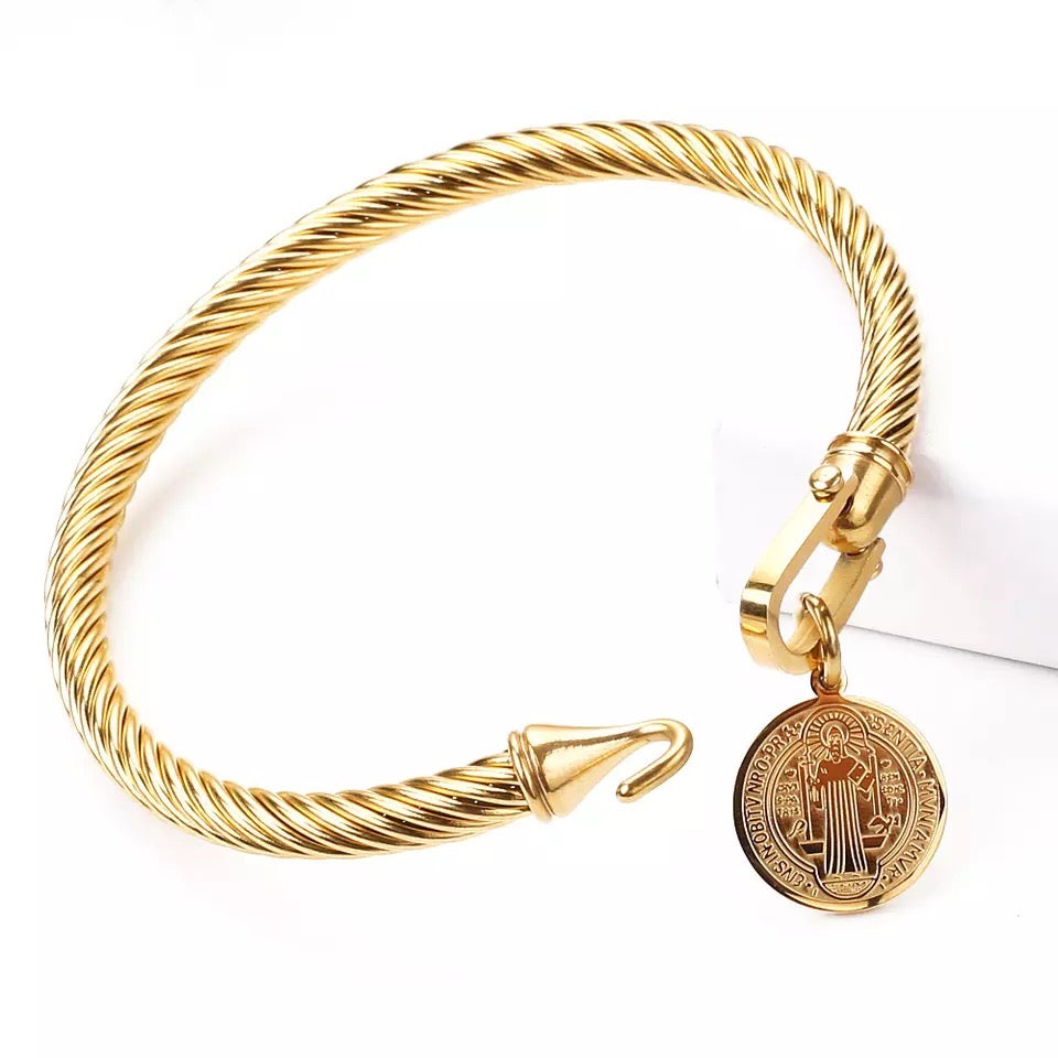 Saint Benedict Medal Charm Twisted Rope Bangle Bracelet Religious Jewelry