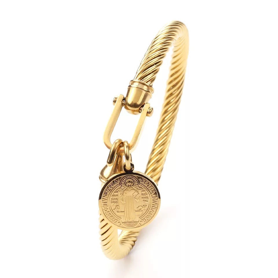 Saint Benedict Medal Charm Twisted Rope Bangle Bracelet Religious Jewelry