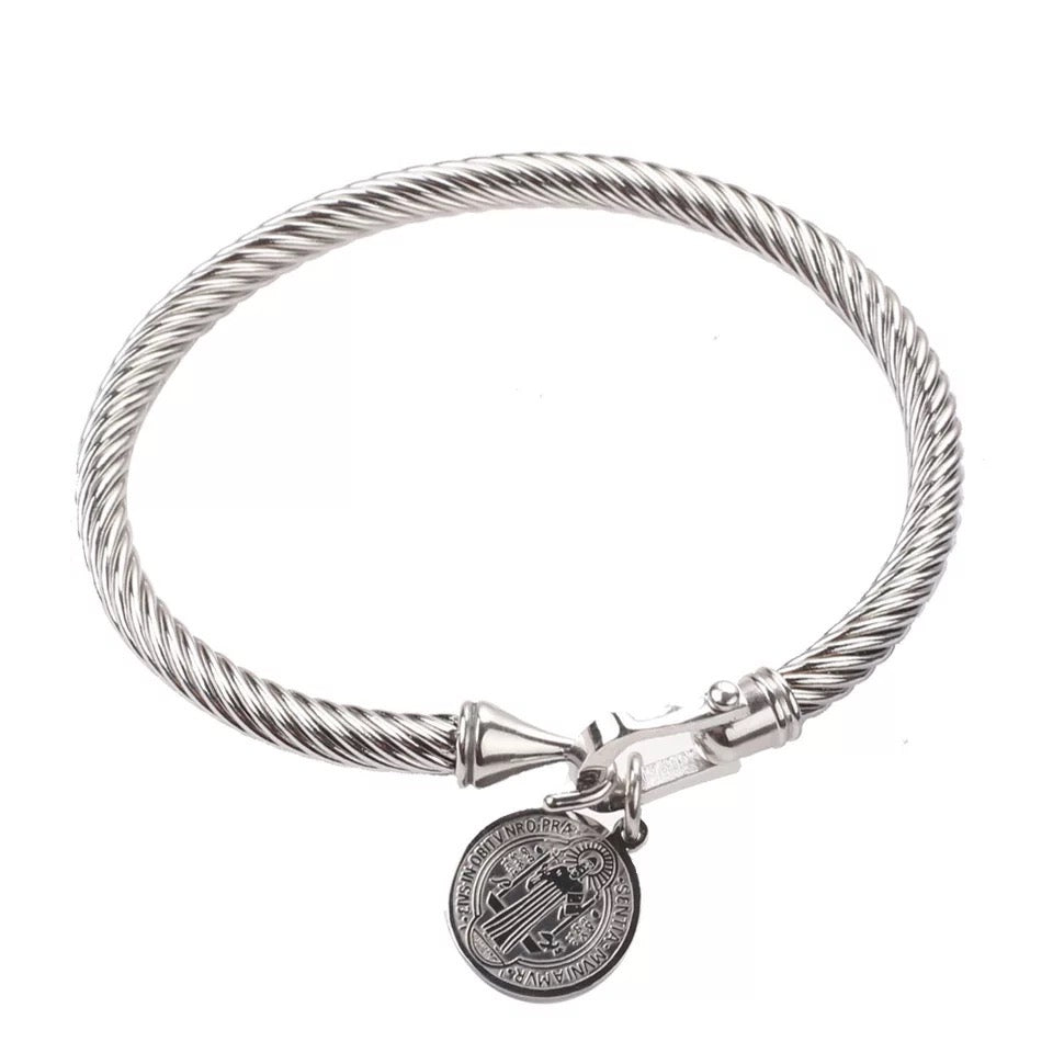 Saint Benedict Medal Charm Twisted Rope Bangle Bracelet Religious Jewelry