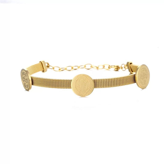 Saint Benedict Cross Charm Mesh Bracelet in 18K Gold Plating