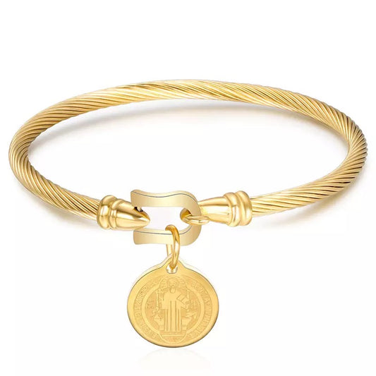 Saint Benedict Medal Charm Twisted Rope Bangle Bracelet Religious Jewelry