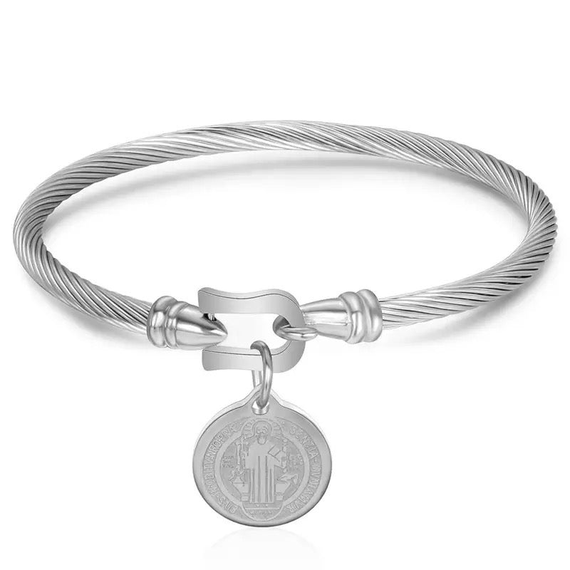 Saint Benedict Medal Charm Twisted Rope Bangle Bracelet Religious Jewelry