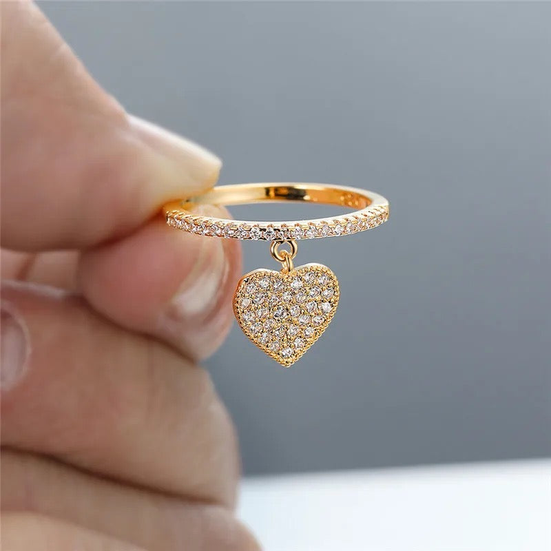 Dangling Heart Charm Ring 14K Gold Plating