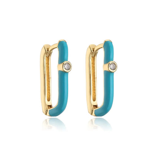 Turquoise Enamel Oval Huggie Hoop Earrings with CZ Accent