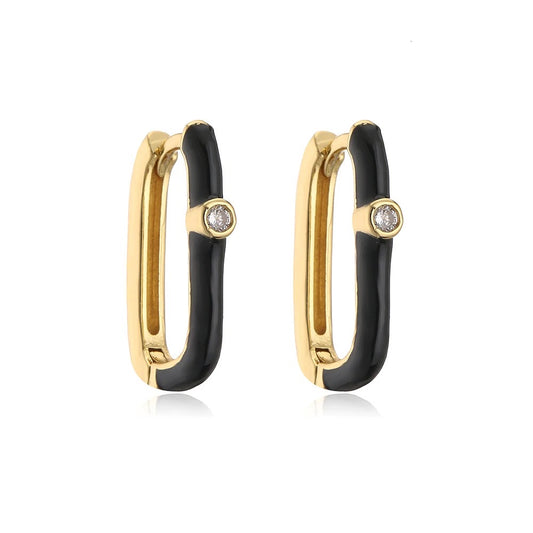 Black Enamel Oval Huggie Hoop Earrings with CZ Accent