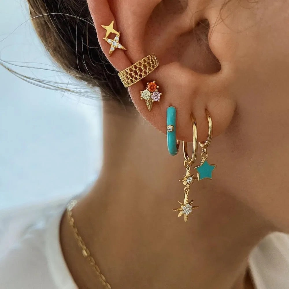 Turquoise Enamel Oval Huggie Hoop Earrings with CZ Accent