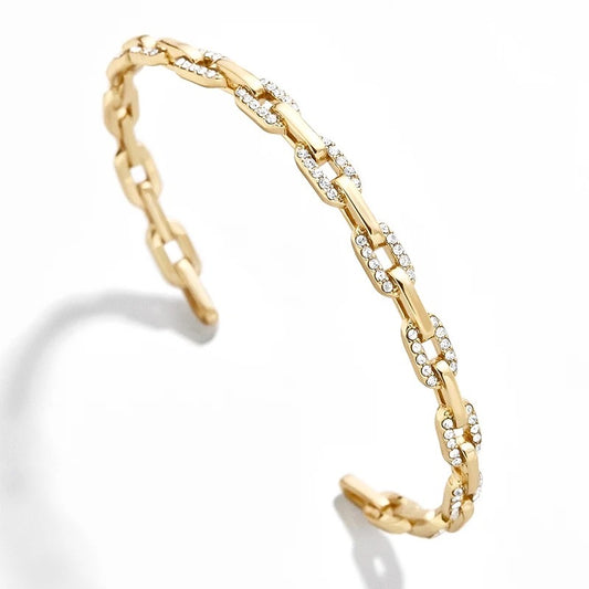 Chain Link Cuff Bracelet with Cubic Zirconia Accent and 14k Gold Plating