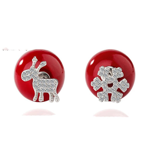Snowflake and Reindeer Red Bead Christmas Asymmetric Stud Earring