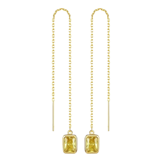 Threader Earrings in Emerald Cut Cubic Zirconia and 14K Gold Plating