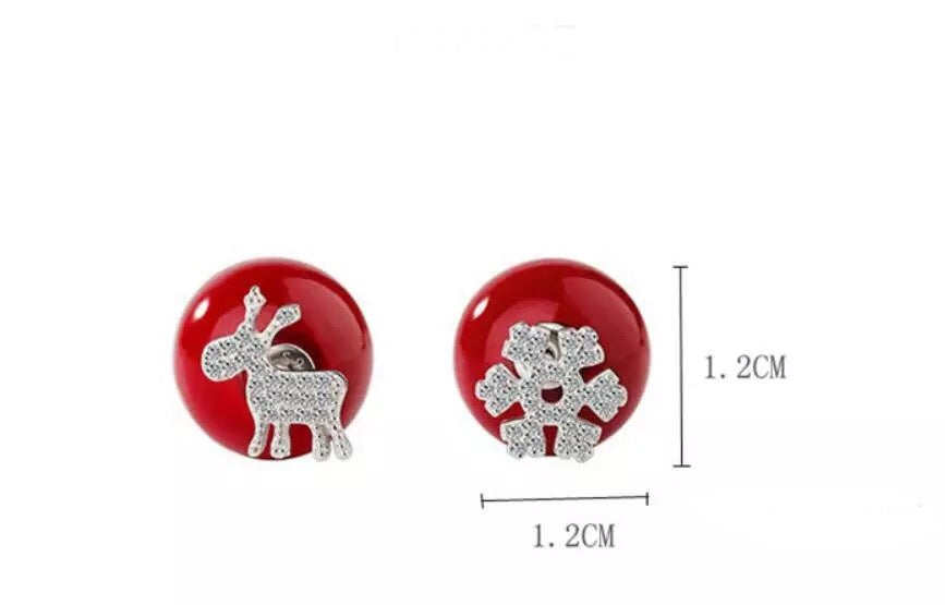 Snowflake and Reindeer Red Bead Christmas Asymmetric Stud Earring size and dimensions